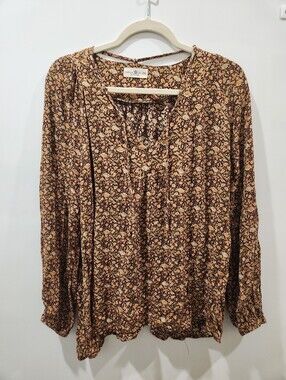Natural Life Soft Brown Floral Long-Sleeve Peasant Blouse
